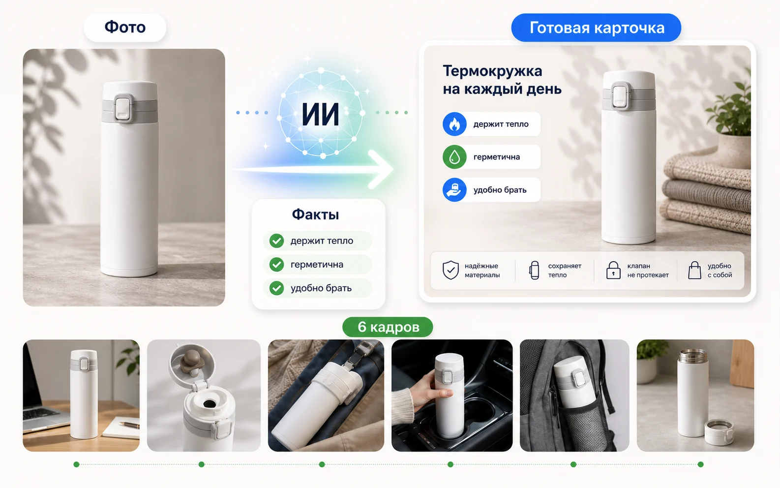 Фото товара, факты продавца и готовая карточка, собранная нейросетью