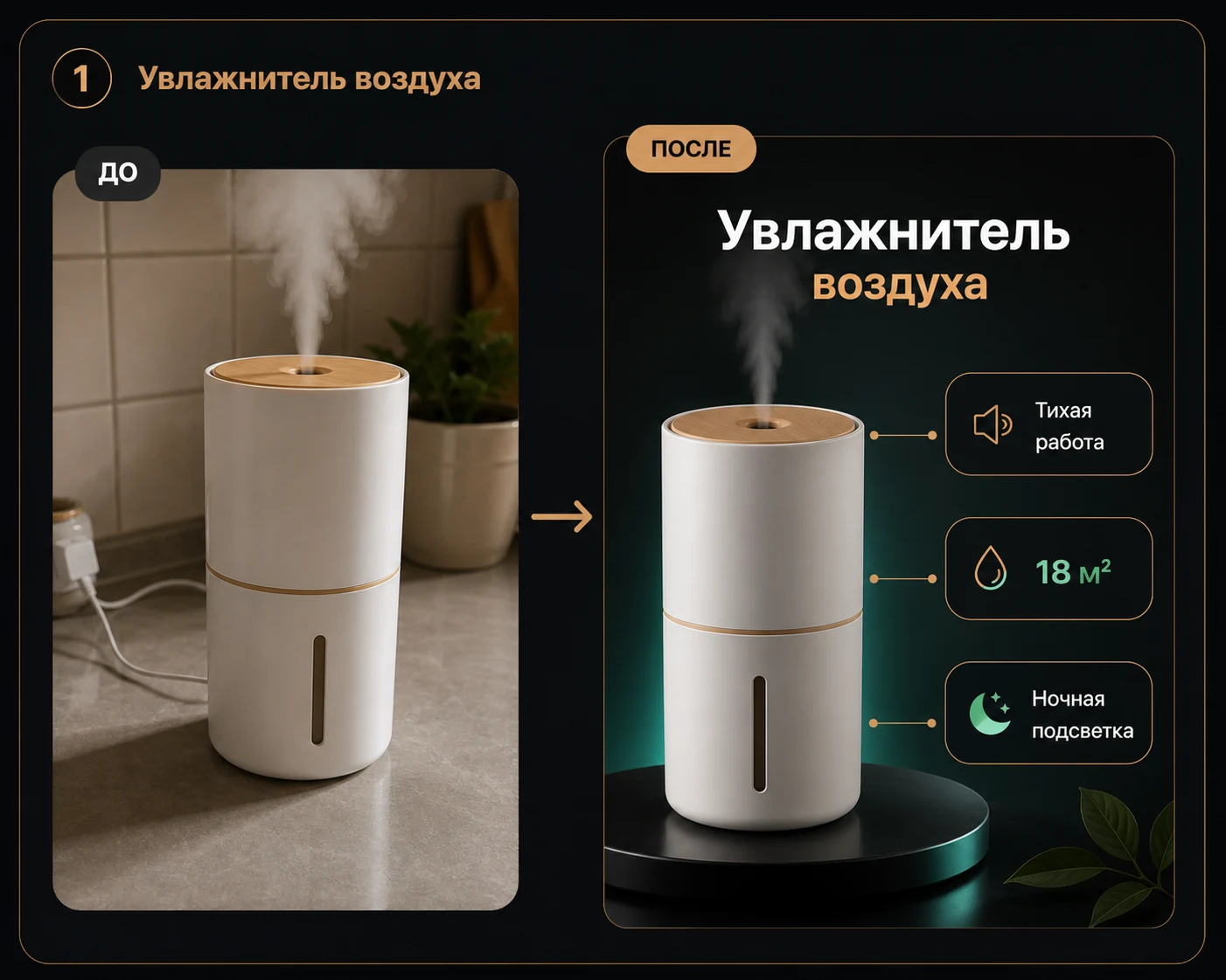 Пример до и после: обычное фото увлажнителя превращается в карточку товара с инфографикой