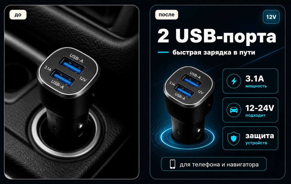 Кейс автотоваров: фото автомобильного USB-зарядного устройства до и карточка с акцентами после